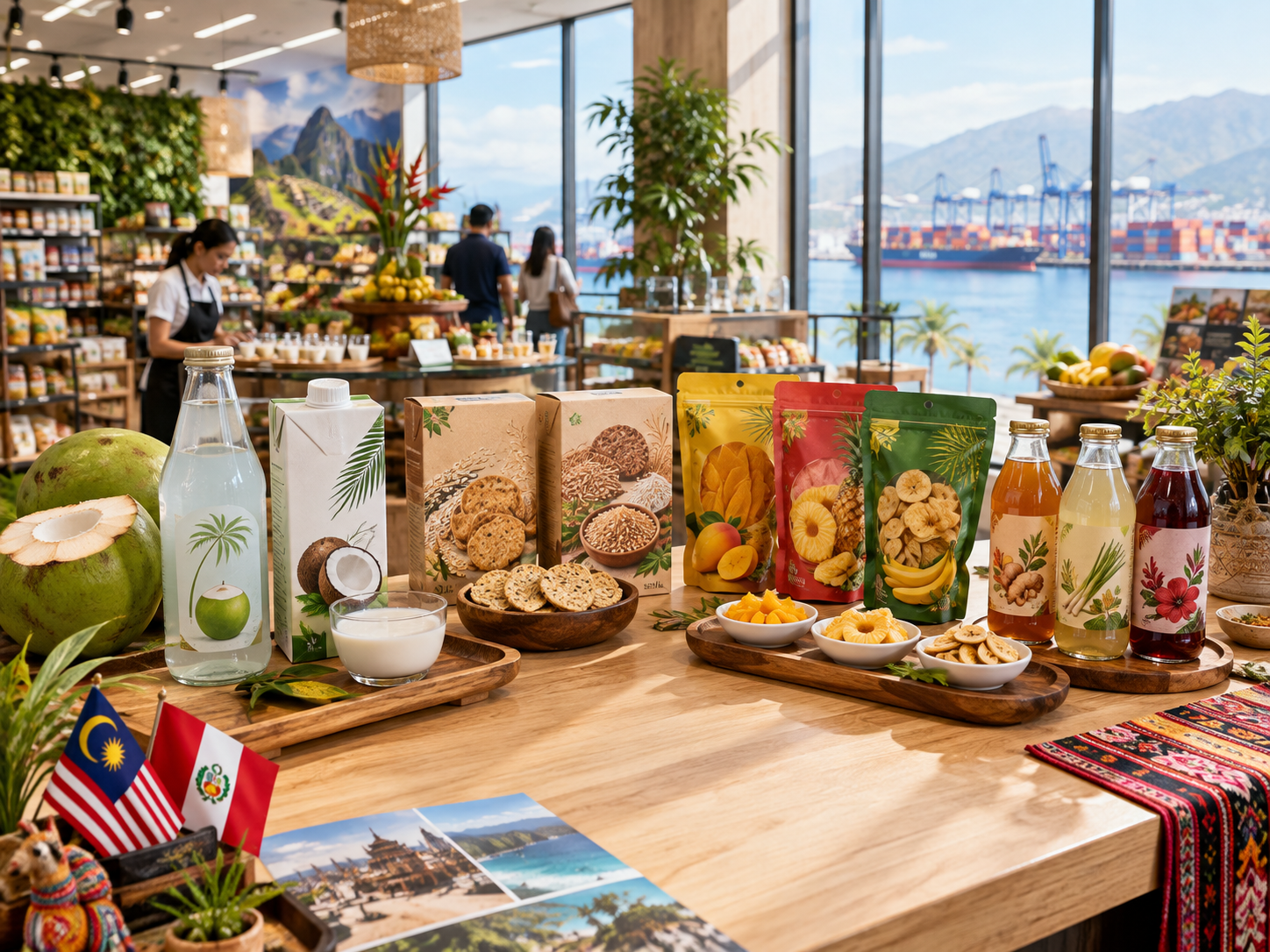 Healthy Malaysian packaged foods at a Lima supermarket tasting corner