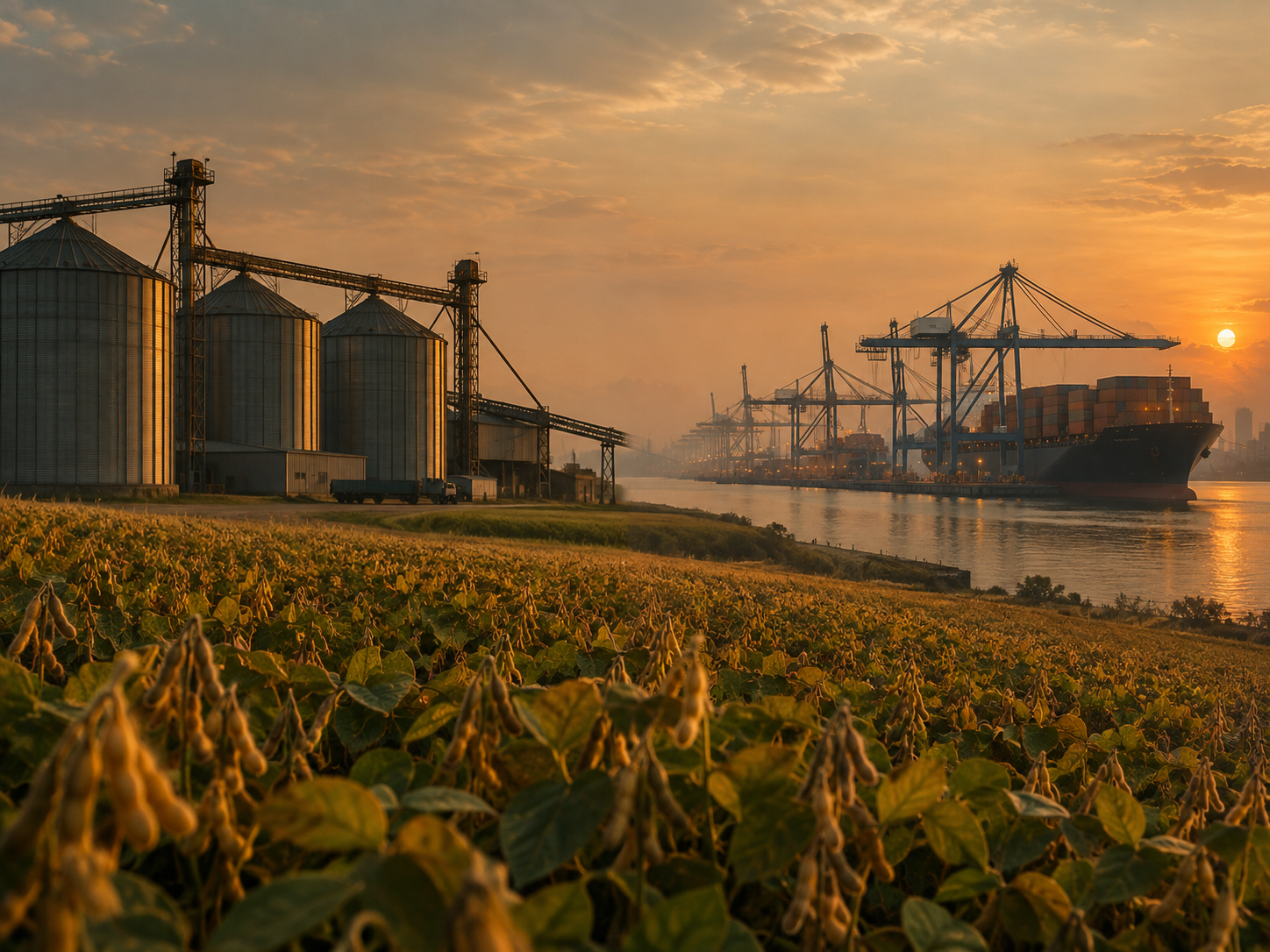Paraguayan soybean fields with silos and an Asian container port at dusk