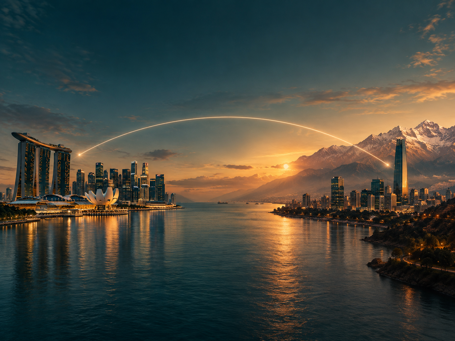 Singapore and Santiago de Chile skylines connected across the Pacific