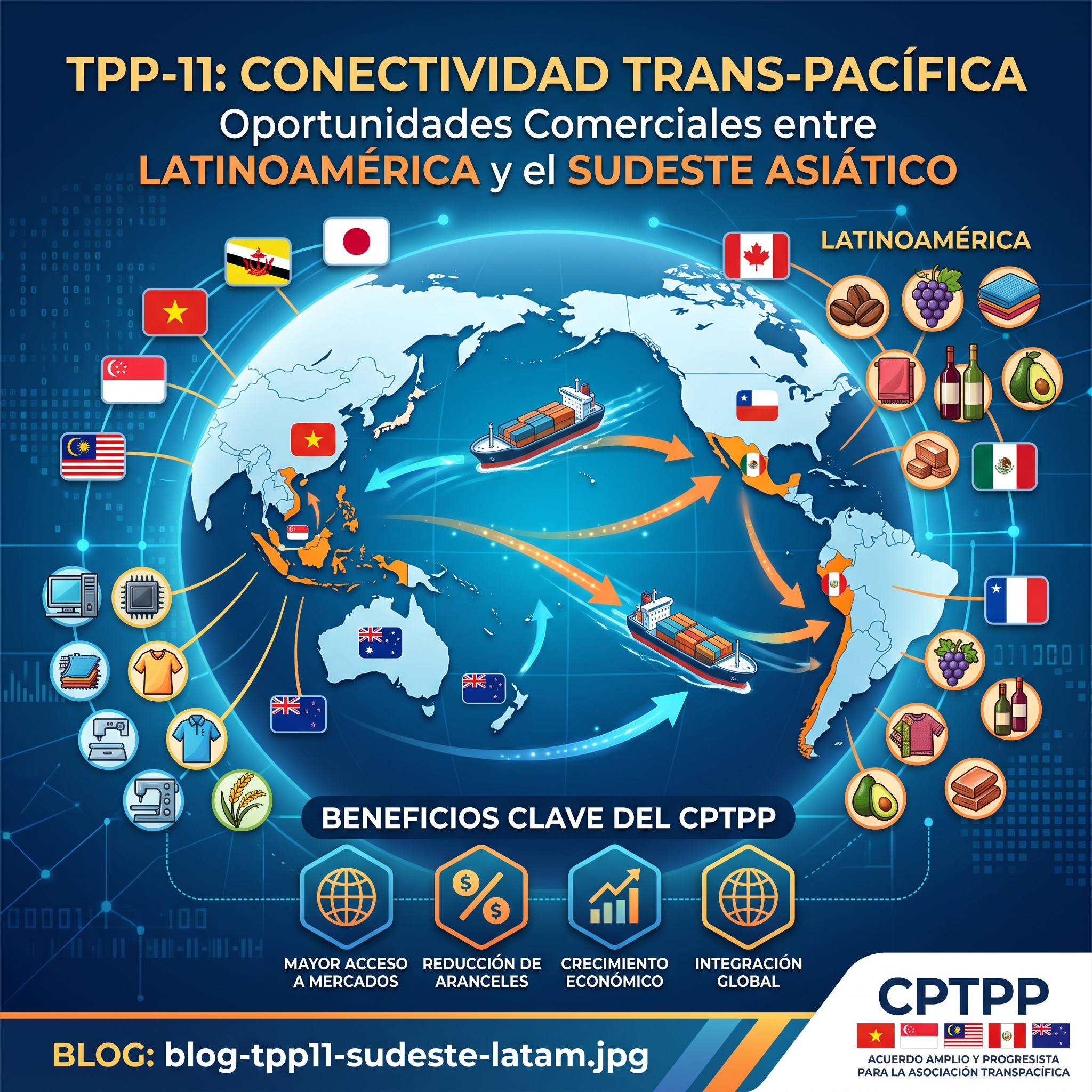 Pacific Rim map with CPTPP member countries across Asia and Latin America