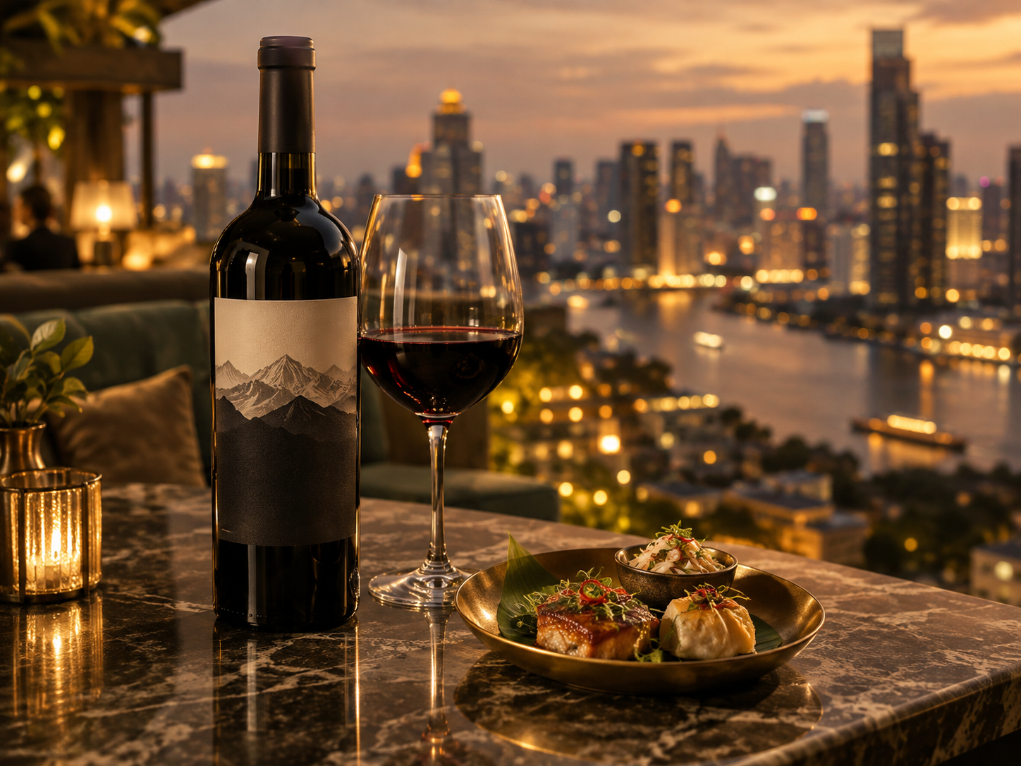 A bottle of Argentine Malbec at a Bangkok rooftop bar at dusk