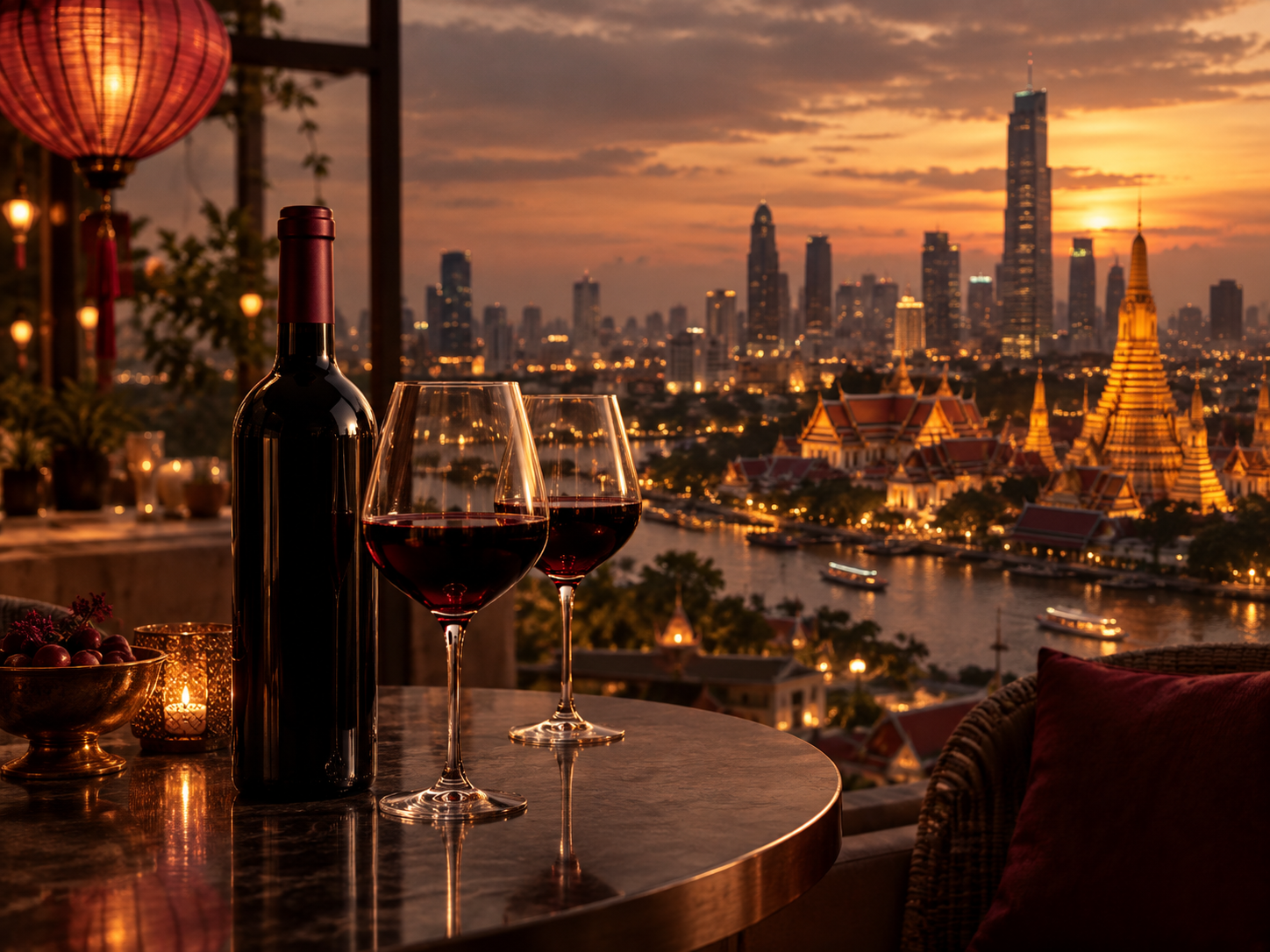 A bottle of Tannat wine on a Bangkok rooftop bar at dusk