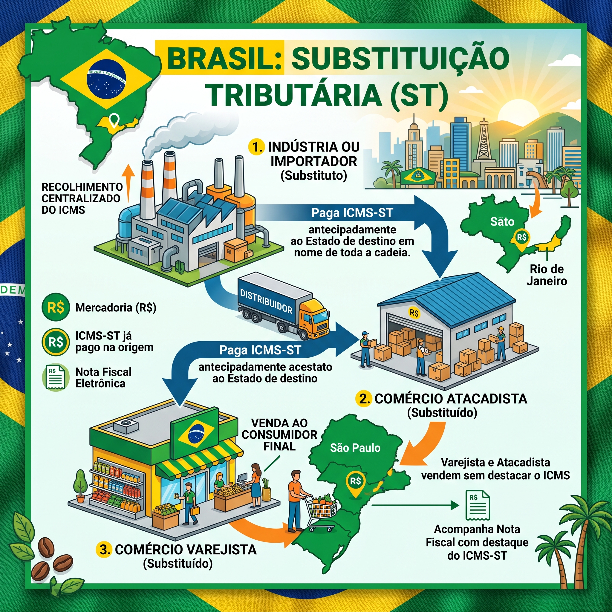 Brazilian tax system with ICMS, IPI and substituição tributária