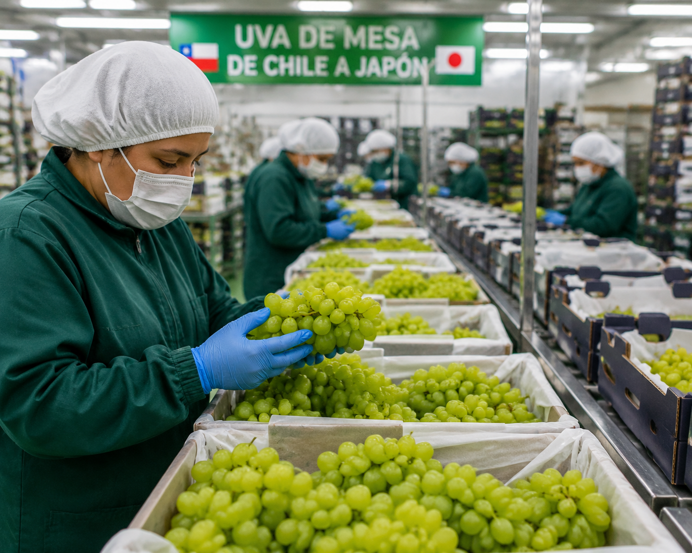 Inspección de calidad de uva de mesa en centro de empaque para exportación